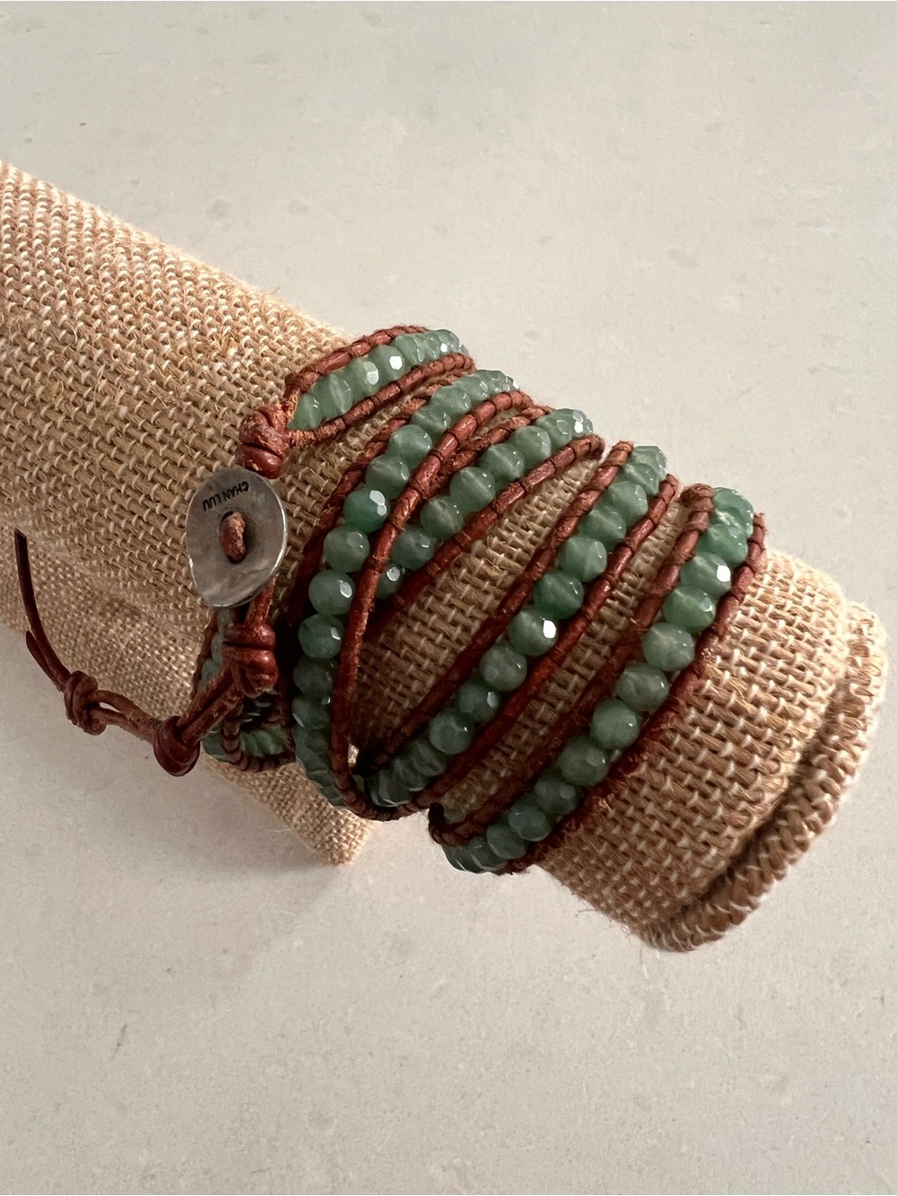 Chan Luu Green Faceted Bead Leather Wrap Bracelet